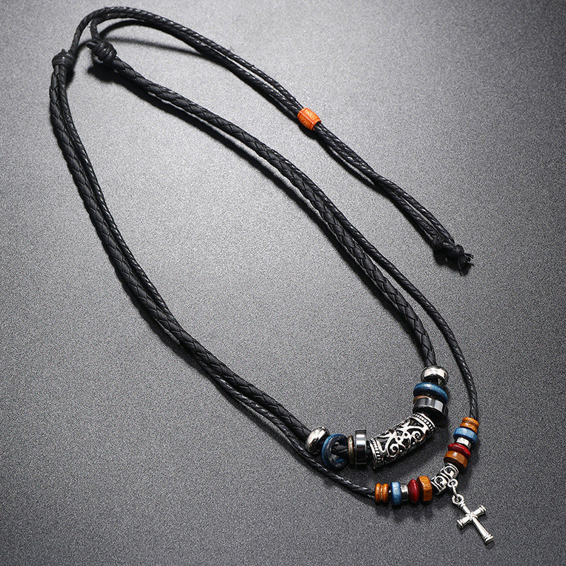 Creative Beaded Multi-layer Alloy Cross Leather Necklace